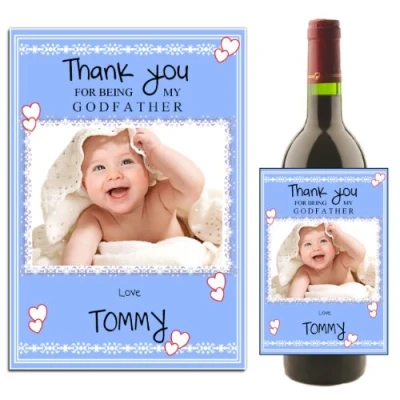 Image of Personalised Wine/Champagne Bottle Photo Label Christening Baptism Godfather Thank You Gift Idea N28