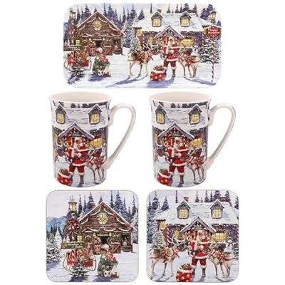 Image of Lesser &amp; Pavey Macneil Christmas Traditional Santa 5 Piece Gift Set 2 Mugs Coasters Tray Idea for Xmas Themed Mug UK Design Hot Drinks Tea Coffee