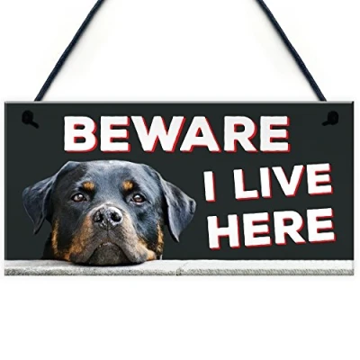 Image of RED OCEAN Beware I Live Here Rottweiler Hanging Outdoor Dog Warning Sign Gate Security Plaque