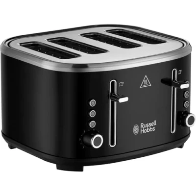 Image of Russell Hobbs 4 Slice Toaster (Independent &amp; Extra wide slots, 6 Browning levels, Frozen, cancel reheat features with blue indicator light, removable crumb tray, Black) Stylevia 26292