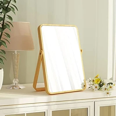 Image of Hosoncovy Wooden Vanity Mirror Makeup Portable Table with Stan Folding HD Rectangule Free Standing Travel Bathroom Desk
