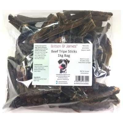 Image of Beef Tripe Sticks for Dogs (1kg refill bag) by Britten and James. A 100% Natural Dog Treat Reduces Tartar Bad Breath Good Teeth Gums