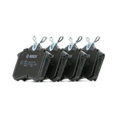 Image of E190R011209084 Brake pad set BOSCH 0 986 494 597 Low Metallic with mounting manual, anti squeak plate, bolts/screws RENAULT: CLIO 3