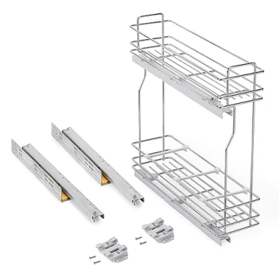 Image of Emuca 8381111 SupraMax Pull Out Bottle Rack with Soft Close, 200mm, Chrome Plated, Steel
