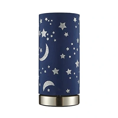 Image of LITECRAFT Glow Moon &amp; Stars Table Lamp with Blue Cylinder Shade Satin Chrome