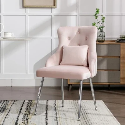 Image of Merax Dining Chairs Set of 1, Modern Upholstered Seat for Kitchen Living Room, Button Pattern Design with Metal Leg and Lumbar Cushion, Leisure Bedroom Vanity Armchair, Luxurious Velvet Fabric, Pink