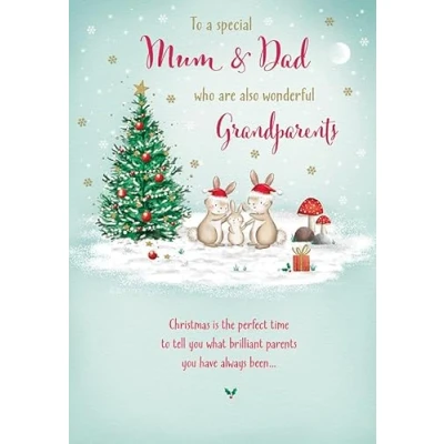 Image of Piccadilly Greetings Christmas Card To a Special Mum &amp; Dad as Grandparents Bunny family 9 x 6 inches