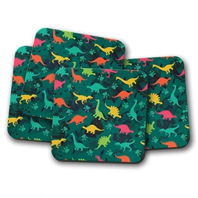 Image of 4 Set Dinosaurs Coaster Dinosaur Jurassic Camo Green Fun #13184