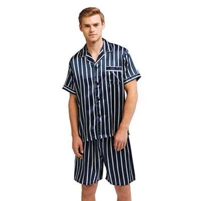 Image of Men&#039;s Short Sleeve Satin Pyjama Set with Shorts (Blue Beige Striped, X Large)