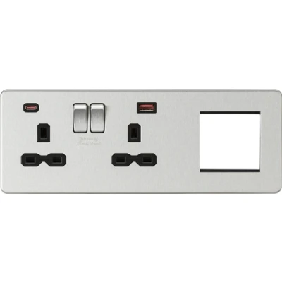 Image of KnightsBridge Screwless 13A 2G DP Socket with USB Fastcharge + Modular Plate Brushed Chrome