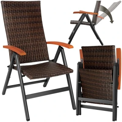 Image of TecTake® Rattan Garden Chair with Adjustable Reclining Backrest. Made of Rustproof Aluminium, UV Resistant Polyrattan and Wooden Armrests. Weatherproof, Easy to Clean Durable Brown