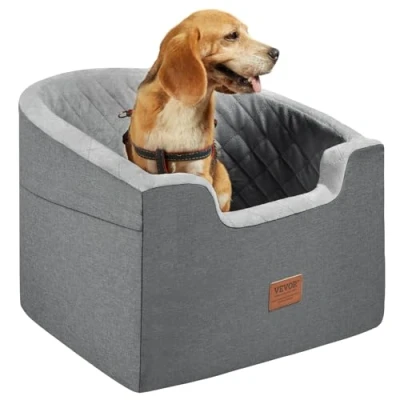Image of VEVOR Dog Car Seat, Waterproof Booster Seat for with A Storage Pocket, Clip On Safety Leash and Sponge Filling, Bed Small &amp; Medium up to 55lbs, Gray