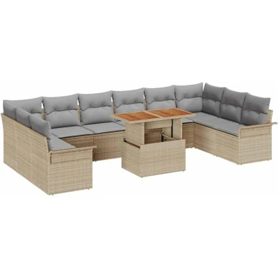 Image of vidaXL 11 Piece Garden Dining Set with Cushions Beige Poly Rattan Acacia