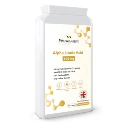 Image of Pharmanostix Alpha Lipoic Acid 600mg Per Daily Serving Super Antioxidant ALA 120 Vegan Capsules Optimal Dual (Blend RALA and SALA) UK Manufactured to GMP Standards