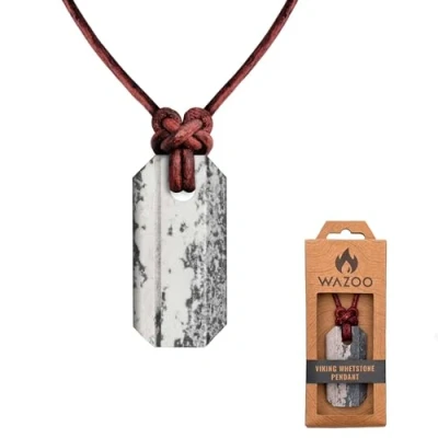 Image of Wazoo Survival Gear Viking Whetstone Pendant Knife Sharpener Necklace Arkansas Novaculite on Leather Cord Norse Inspired Knotwork Made in USA!