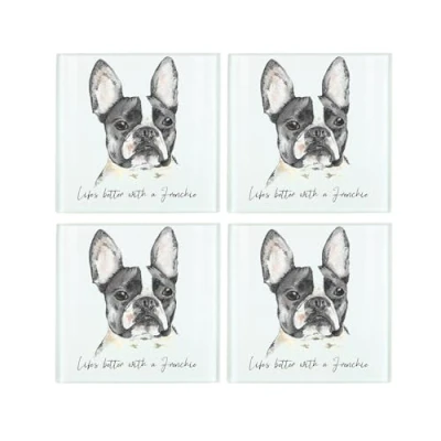 Image of Frenchie Coaster Set Life&#039;s Better With a Dog Gift Square Glass of Four (4) Coasters
