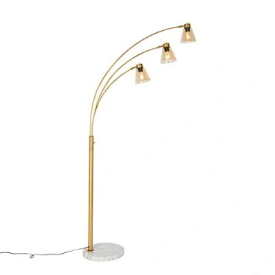 Image of Qazqa Arc Floor lamp I Light Bronze with Marble and Amber Glass 3 Lights Nina Art Deco Suitable for LED E27 Living Room Bedroom