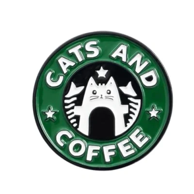 Image of Patch Nation Cats &amp; Coffee Round Metal Pin Badge Brooch, 30mm Diameter, black white green