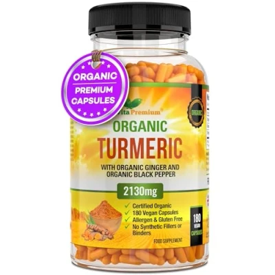 Image of Turmeric and Black Pepper Capsules for Anti Inflammatory Joint Pain Relief 180 Organic High Strength Curcumin Supplement with Added Ginger Made in UK