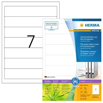 Image of HERMA Self Adhesive Recycled Spine Labels, 7 Labels per A4 Sheet, 80 Sheets, 192 x 38 mm, 560 Blank Lever Arch File Folder Stickers, for Laser &amp; Inkjet Printer, Natural White