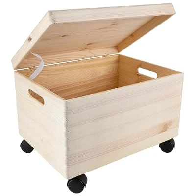 Image of Creative Deco XXL Large Plain Wooden Storage Box Chest with Wheels 40 x 30 24 (+/ 1 cm) Hinged Lid &amp; Handles Unpainted Gift for Christmas Xmas UNSANDED Wood