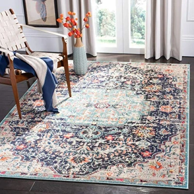 Image of SAFAVIEH Modern Chic Rug for Living Room, Dining Bedroom Madison Collection, Short Pile, in Black and Teal, 122 X 183 cm
