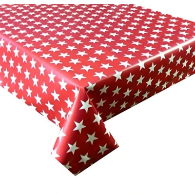 Image of Vinyl PVC Tablecloth Red with White Stars 2 metres (200x137cm) 6 Seater Size Rectangle Table, Wipe Clean, Textile Backed Plastic Table Cloth (112)