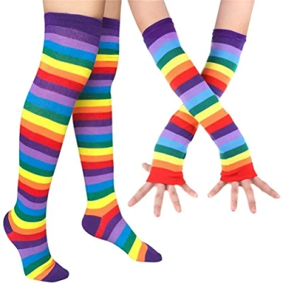 Image of EDOTON Womens Rainbow Stripe Knee Thigh High Socks Knit Arm Warmer Fingerless Gloves Party Costume Accessory (Rainbow Stripe)
