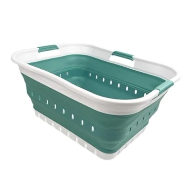 Image of SAMMART 42L Collapsible Plastic Laundry Basket Foldable Pop Up Storage Container/Organizer Space Saving Hamper/Basket (1, White/Celadon Green)