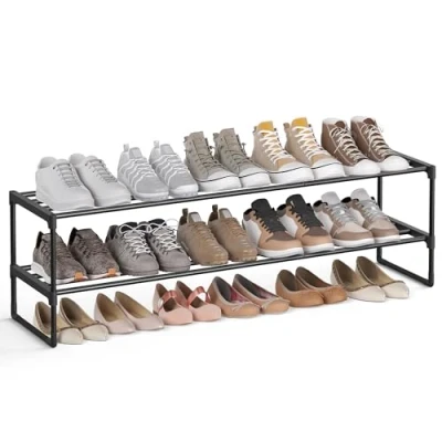 Image of SONGMICS 2 Tier Shoe Rack, Storage Organiser, Metal Fits 10 to 12 Pairs of Shoes, Stackable Shelf, for Hallway, Living Room, Bedroom, 30 x 116 34 cm, Black LSA032B01