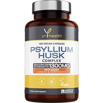 Image of Psyllium Husks Capsules 1300mg Fibre Supplement 180 Vegan with Added Peppermint &amp; Ginger 2 not Tablets Per Serving Plantago Ovata Plant Seeds Made in The UK by YrHealth