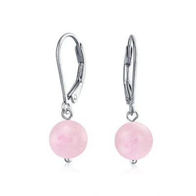 Image of Simple Round Bead Light Pink Rose Quartz Lever back Ball Drop Earrings For Women .925 Sterling Silver February Birthstone