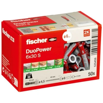 Image of fischer DuoPower 6 x 30 S, powerful universal plug with safety screw, intelligent 2 component technology for fastenings in concrete, bricks, stone, gypsum plasterboard, etc., 50 plugs &amp; screws