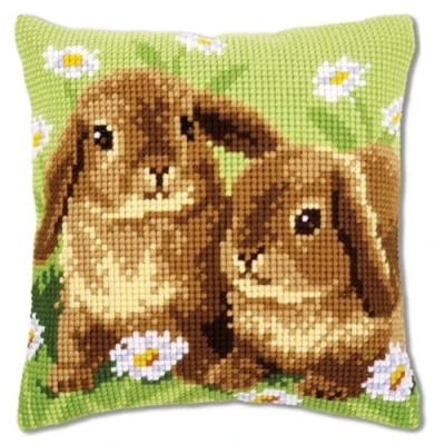 Image of Vervaco Cushion: Two Rabbits, Acrylic, Multi Colour, 10 x 1 14 cm