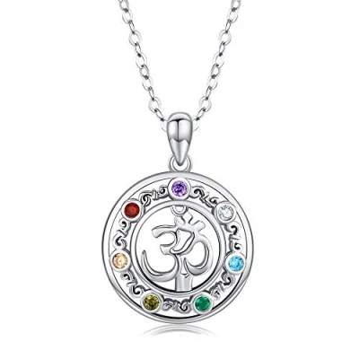 Image of KINGWHYTE Chakra Necklace 925 Sterling Silver Aum Om Ohm Yoga Pendant Jewellery Gifts for Women Men Girls