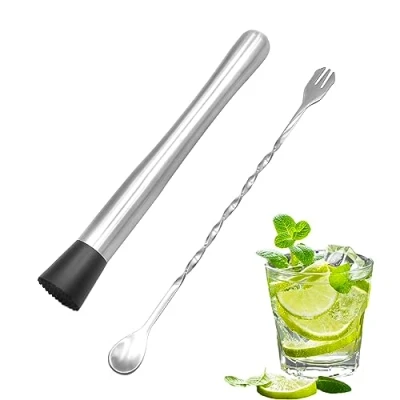 Image of Stainless Steel Cocktail Muddler,10 inch Muddler with 1 Mixing Spoon, Shaker Set,Bar Tool Set, Mojito Kit,Cocktail Making Set for &amp; Creating Delicious Mojitos