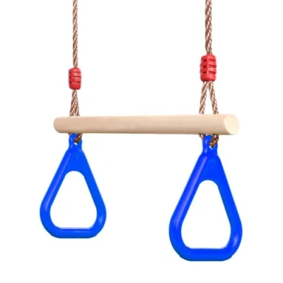Image of PELLOR Multifunction Children&#039;s Wooden Trapeze Swing With Plastic Gym Rings (Blue)