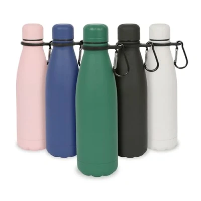 Image of Matt Green Stainless Steel Water Bottle with Carabiner Clip 500ml