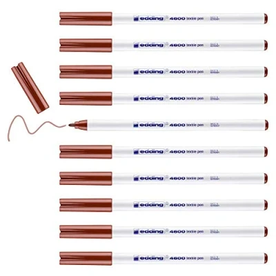 Image of edding 4600 textile pen brown box of 10 round nib 1 mm permanent fabric pens for drawing on textiles, wash resistant to 60 C