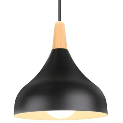 Image of iDEGU Retro Pendant Ceiling Light Modern Drop Style Hat Lampshade E27 Fixture in Metal Wood Lamp for Bedroom, Dining Room, Kitchen, Φ 20 cm (Black)