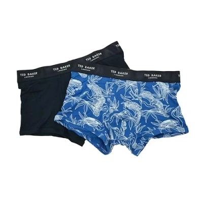 Image of Ted Baker Mens Bircho 2 Pair Box Set of Cotton Stretch Printed Trunks Boxers Shorts Size Medium Waist 32 34 Inches Blue