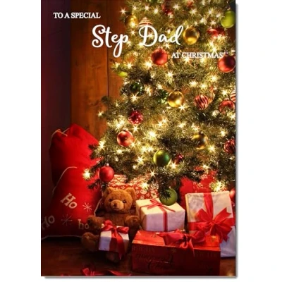 Image of doodlecards Stepdad Christmas Card Teddy by Tree Medium Size for with Plain Envelope