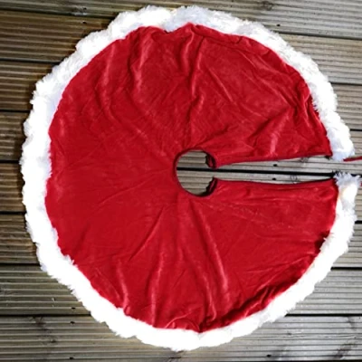 Image of 90cm LED Red Faux Fur Christmas Tree Skirt with White Trim