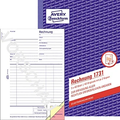 Image of Avery Zweckform Invoice Book First Second and Third Page Printed Non Carbon Paper A5 3 x 40 Pages (German Text)