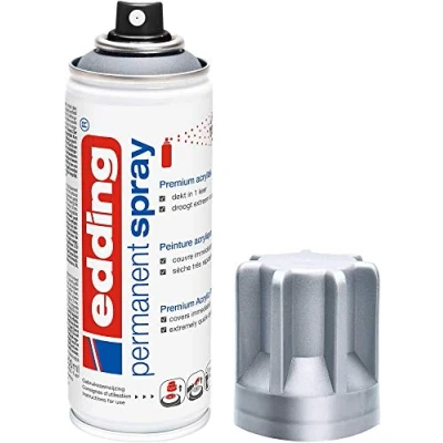Image of edding 5200 permanent spray silver matt 200 ml acrylic paint for painting and decorating glass, metal, wood, ceramic, plastic, canvas aerosol spray,