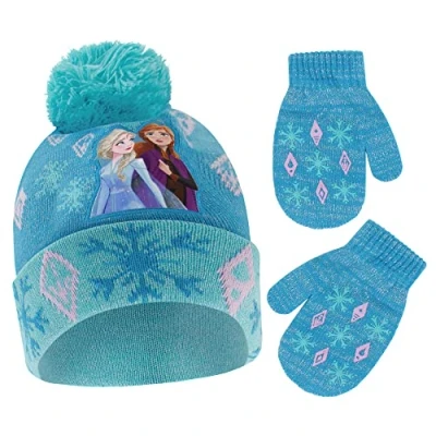 Image of Disney Girl Winter Hat Set, Frozen Elsa and Anna Toddler Beanie Gloves for Kids Ages 2 7, Blue Design, Mittens, Age 4