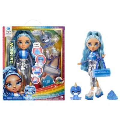 Image of Rainbow High Fashion Doll with Slime &amp; Pet Skyler (Blue) 28 cm Shimmer Sparkle Slime, Magical and Accessories Kids Toy Great for Ages 4 12 Years