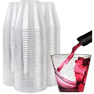 Image of KAHEIGN 60Pcs Clear Plastic Cups, 270ml Silver Glitter Tumblers Reusable Drink Cups Elegant Party Wine Glasses for Cocktail Champagne Beer Martini Soda Dessert (7 x 8.5cm)