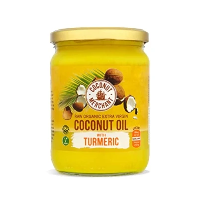Image of Coconut Merchant Organic Oil with Turmeric 500ml Extra Virgin, Raw, Cold Pressed, Unrefined Ethically Sourced, Vegan, Ketogenic and 100% Natural For Hair, Skin &amp; Cooking