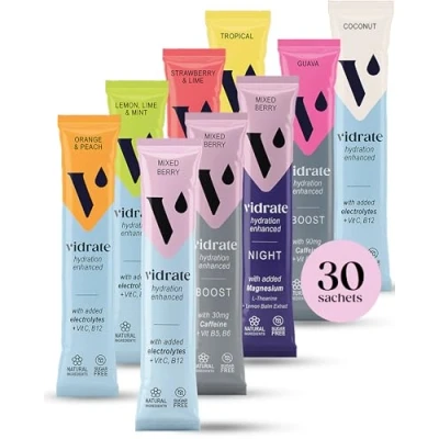 Image of Electrolytes Powder Hydration Sachets Packed with Vitamins Zero Sugar Rehydration Sachet, No Artificial Sweeteners &amp; Preservatives by ViDrate Mixed Berry Variety Pack, 30